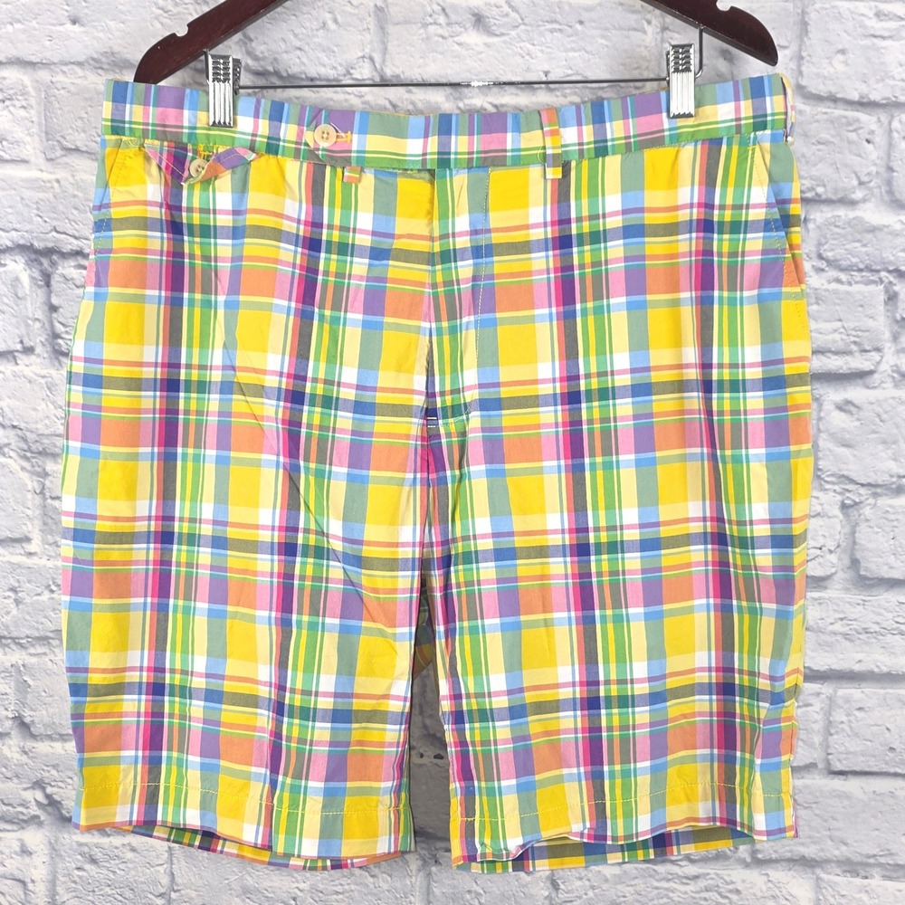 Polo Ralph Lauren Golf Mens Madras Plaid Shorts Multicolor Cotton Yellow Sz 38